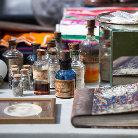 LONDON, ENGLAND - March 30, 2017 Different bottles of different purposes. From pharmacy to perfumery and other things on the Spitalfields market near Liverpool Street subway.のeditorial素材