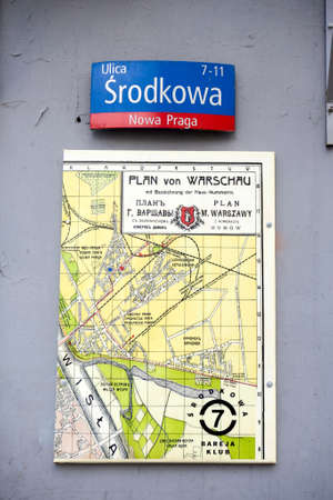 WARSAW, POLAND - MAY 8 2017 Old buildings in New Praga which is very popular area now. Old Warsaw plan on the wallのeditorial素材