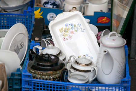 Vintage dishes for sale at the flea marketの写真素材