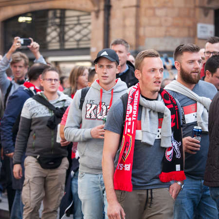 LONDON, ENGLAND - September 14 2017 During the day a large crowd of Cologne fans marched through Soho and then into Oxford Street which they brought to a halt.のeditorial素材