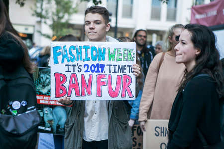 LONDON, ENGLAND - September 15, 2017 Anti fur protest during the London Fashion Week. outside Eudon...