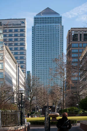 LONDON, UK - January 12 2015 - Mid Afternoon view of Canary Wharf London taken from the opposite side of the river Thamesのeditorial素材