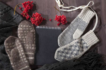 Woolen mittens, scarf and sweater with a black notepad for notes lie on the table. Copy space.の写真素材