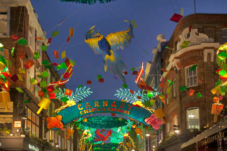LONDON - DECEMBER 18, 2017: Christmas lights on Carnaby Street, London UK. Carnaby Christmas lights feature some of the most unusual decorations and lights in London.のeditorial素材
