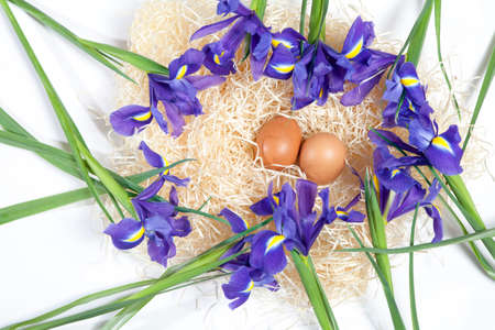 Holiday greeting card for Valentine's Day, Woman's Day, Mother's Day, Easter Wild, purple irises and a basket with easter eggs on wooden table in the outdoors close-up.の写真素材
