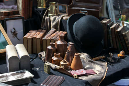LONDON, UK - August 22, 2017: Sale of antiques at Old Spitalfields Market in London. A market...