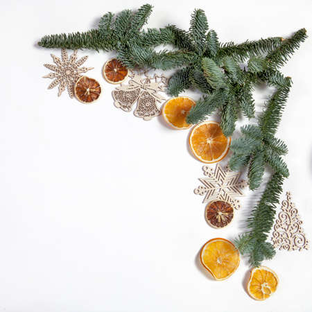 The Branches of a Christmas tree with dry oranges and New Year's toys. Christmas cardの写真素材