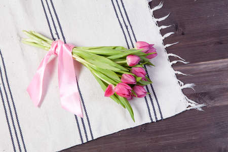 greeting card for Valentine's day. Bouquet of pink tulipsの写真素材