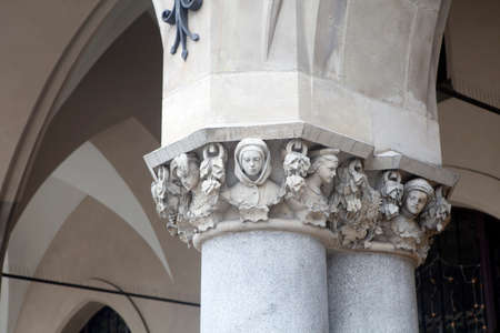Krakow, Poland - February 12, 2018 decoration of columns of Arcade of the Cloth Hall (Sukiennice) in Krakow. Poland. Europe.のeditorial素材