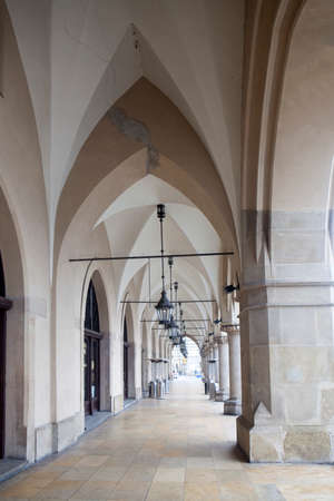 Krakow, Poland - February 12, 2018 Arcade of the Cloth Hall (Sukiennice) in Krakow. Poland. Europe.のeditorial素材