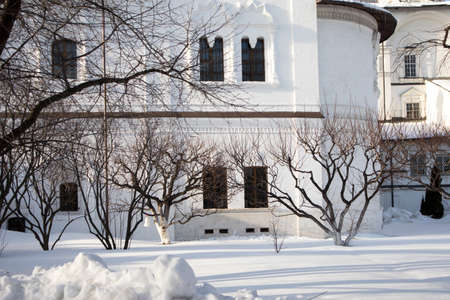 the wall with window of Spaso-Preobrazhensky Cathedral in Novospassky monasteryの写真素材