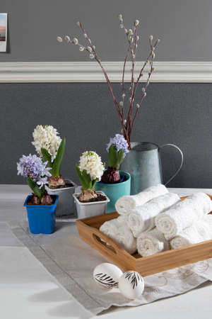 Tray with hand towels, hyacinths in pots in the bathroom of the spa salonの写真素材