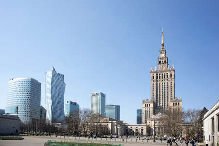 Warsaw, Poland - April 8, 2018: View on Palace of Culture an Science and modern office buildings