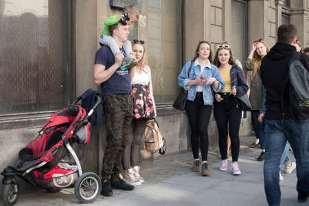 WARSAW, POLAND - April 08, 2018 People on the central street of Warsawのeditorial素材