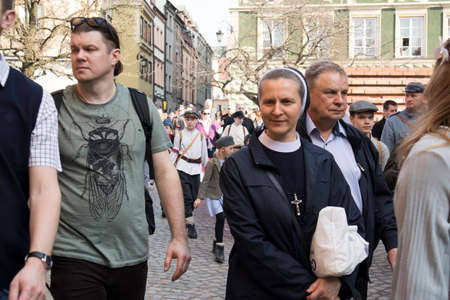 WARSAW, POLAND - April 08, 2018 People on the central street of Warsawのeditorial素材