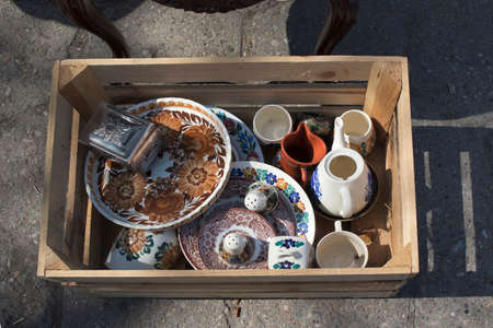 Street flea market of old things and antiques in the old district