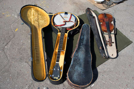 Street flea market of old things and antiques in the old districtの写真素材