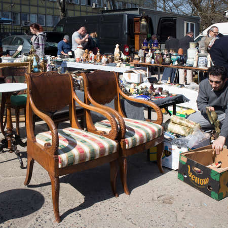 WARSAW, POLAND - April 08, 2018 Street flea market of old things and antiques in the old districtのeditorial素材
