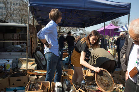 WARSAW, POLAND - April 08, 2018 Street flea market of old things and antiques in the old district