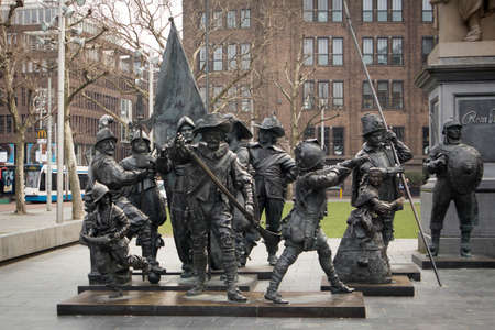 Amsterdam, Holland - 14 April 20018 Rembrandt statue on Rembrandtplein - Rembrandt Square both named after famous painter Rembrandt van Rijnのeditorial素材