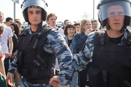 Moscow, RUSSIA - MAY 5, 2018: Police officers in riot gear at Pushkin Square during an opposition...