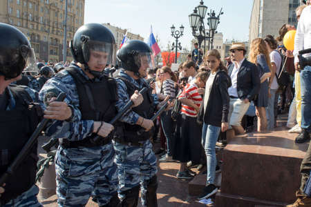 Moscow, RUSSIA - MAY 5, 2018: Police officers in riot gear at Pushkin Square during an opposition...