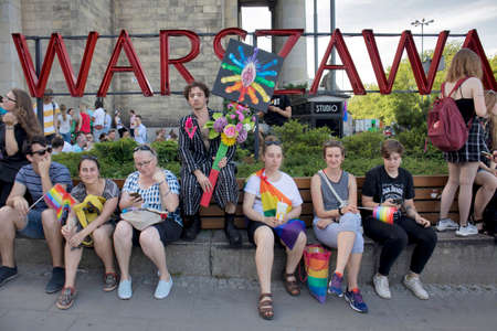 Warsaw, Poland - June 9, 2018: Participants of large Equality Parade - LGBT community pride parade in Warsaw cityのeditorial素材