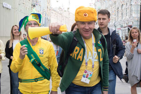 Moscow, RUSSIA - June 12, 2018: Football fans arrived in Moscow for the World Cup. Fans keep the flag of Peru and Argentinaのeditorial素材