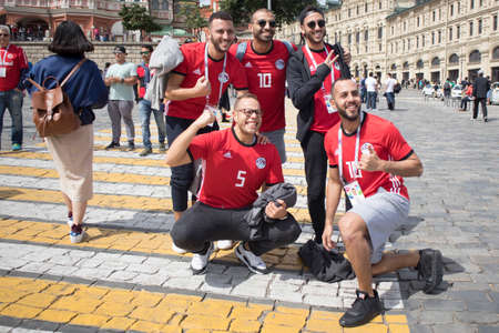 Moscow, RUSSIA - June 12, 2018: Football fans arrived in Moscow for the World Cup. Fans keep the flag of Peru and Argentinaのeditorial素材