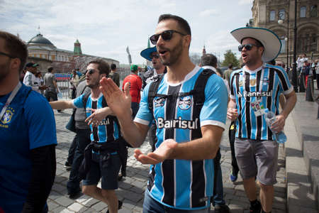 Moscow, RUSSIA - June 12, 2018: Football fans arrived in Moscow for the World Cup. Fans keep the flag of Peru and Argentinaのeditorial素材