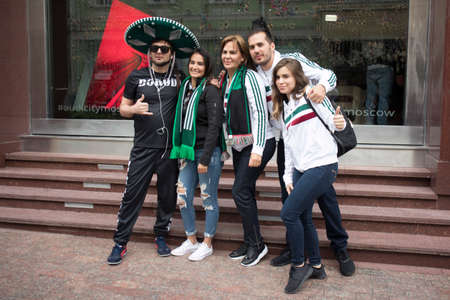 Moscow, RUSSIA - June 12, 2018: Football fans arrived in Moscow for the World Cup. Fans keep the flag of Peru and Argentinaのeditorial素材