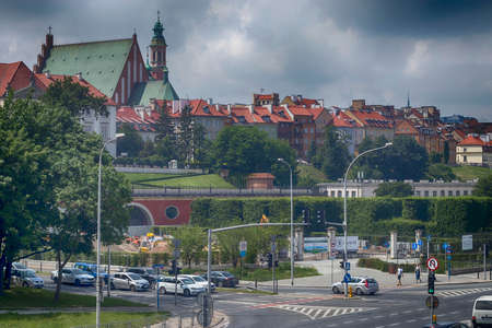 WARSAW, POLAND - June 28, 2018: City over the river. Warsaw over the Vistula. The old town is the Polish and Viennese Boulevards. High-rise buildings and historicのeditorial素材