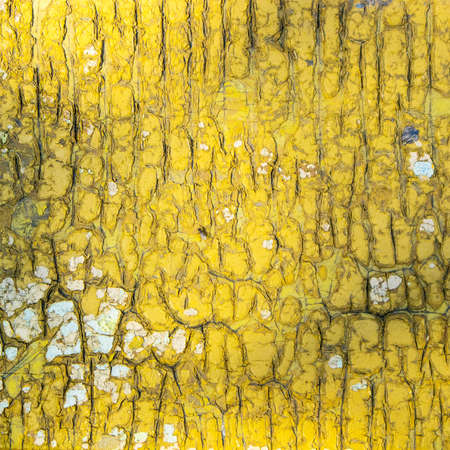 The peeling paint on the wooden surface of the wall