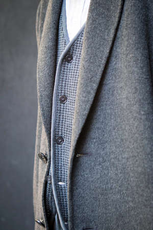 Fragment of a gray fashionable woolen coat with a vestのeditorial素材