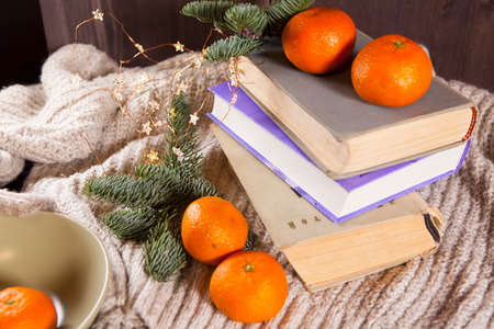 Christmas still life with a stack of books and tangerinesの写真素材