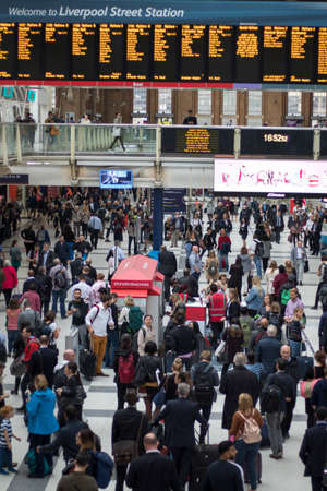 LONDON, ENGLAND - JULY 12, 2018 Liverpool Street Station at Rush our in the morning showing many people moving aroundのeditorial素材