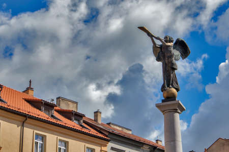 VILNIUS, LITHUANIA - April 19, 2019: Sculpture of Angel blowing a trumpet has been established by the sculptor of Romas Vilciauskas on April 1, 2002. It is a symbol of the Republic of Uzupisのeditorial素材