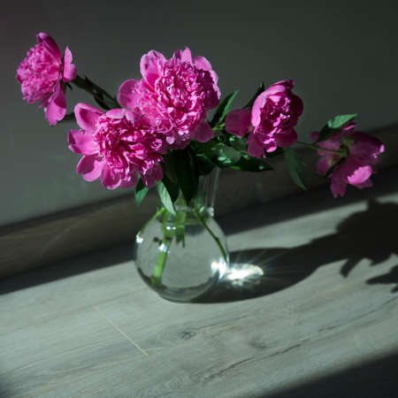 Bouquet of pink peonies is in a glass transparent vase on the floorの写真素材