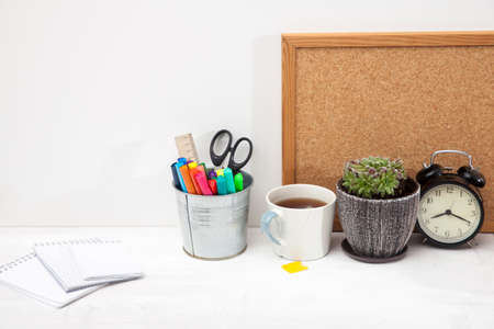 Copy space. Workplace office worker with accessories and white desk.