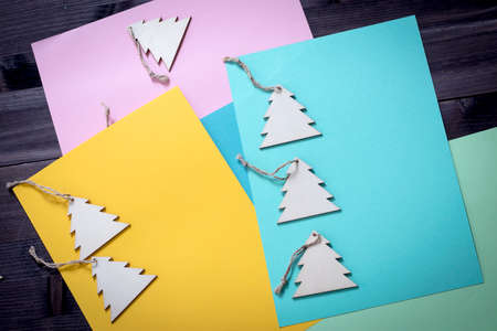 Top above high angle closeup overhead view photo of nice beautiful christmas decoration lying on...