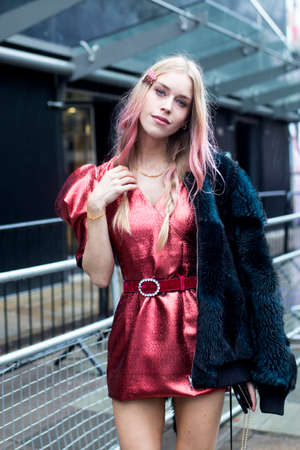 LONDON, UK- febryary 15 2020: Fashionable people on the street . Street styleのeditorial素材