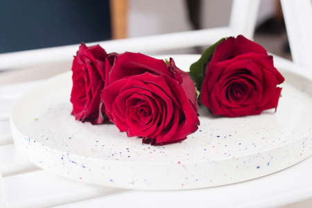 Three red burgundy roses on a tray on the chair. Copy spaceの写真素材
