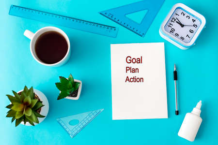The text : Goal, plan, action is on notepad with office accessories. Business inspiration, motivation, professional performanceの写真素材