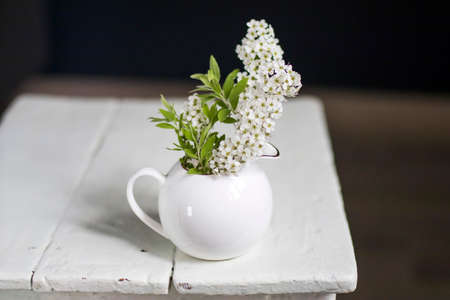 A branch of blooming spirea in a white milkman on a vintage stool opposite a dark blue wall, Space for textの写真素材