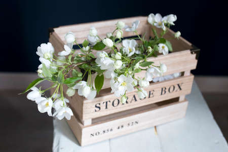 Wooden box for storing things with the inscription Sweet home with an apple flowering branch on a white vintage stool against a dark blue wall. Copy spaceの写真素材