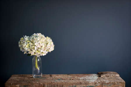 A branch of green pastel hydrangea in a glass vase on a dark blue background on a wooden bench. Copy...