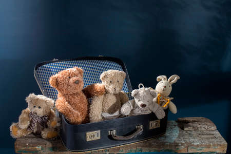 An old bears a vintage suitcase on a wooden ruined surface of the bench near the dark blue backgound. Family of toys Copy spaceの写真素材