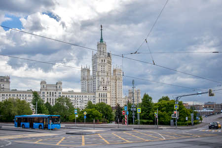 Historical building at the address: Yauzskaya street, 5 in the fall in Moscow. The bell tower of the Trinity Church on Yauzskaya street in the evening at sunsetのeditorial素材