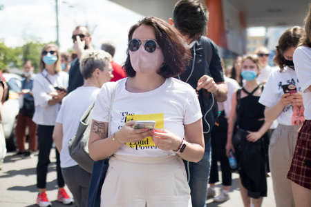 Moscow, Russia - 26.06.2020, People gathered outside court behind police barriers Friday morning. The film director, Kirill Serebrennikov, was convicted of embezzling government grantのeditorial素材
