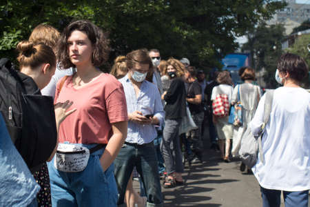Moscow, Russia - 26.06.2020, People gathered outside court behind police barriers Friday morning. The film director, Kirill Serebrennikov, was convicted of embezzling government grantのeditorial素材